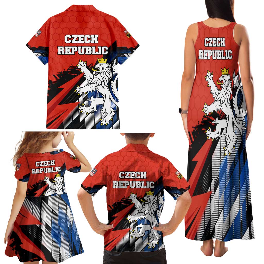 Czech Republic Family Matching Tank Maxi Dress and Hawaiian Shirt with Red Black Blue Brushstroke Design and National Lion - Wonder Print Shop