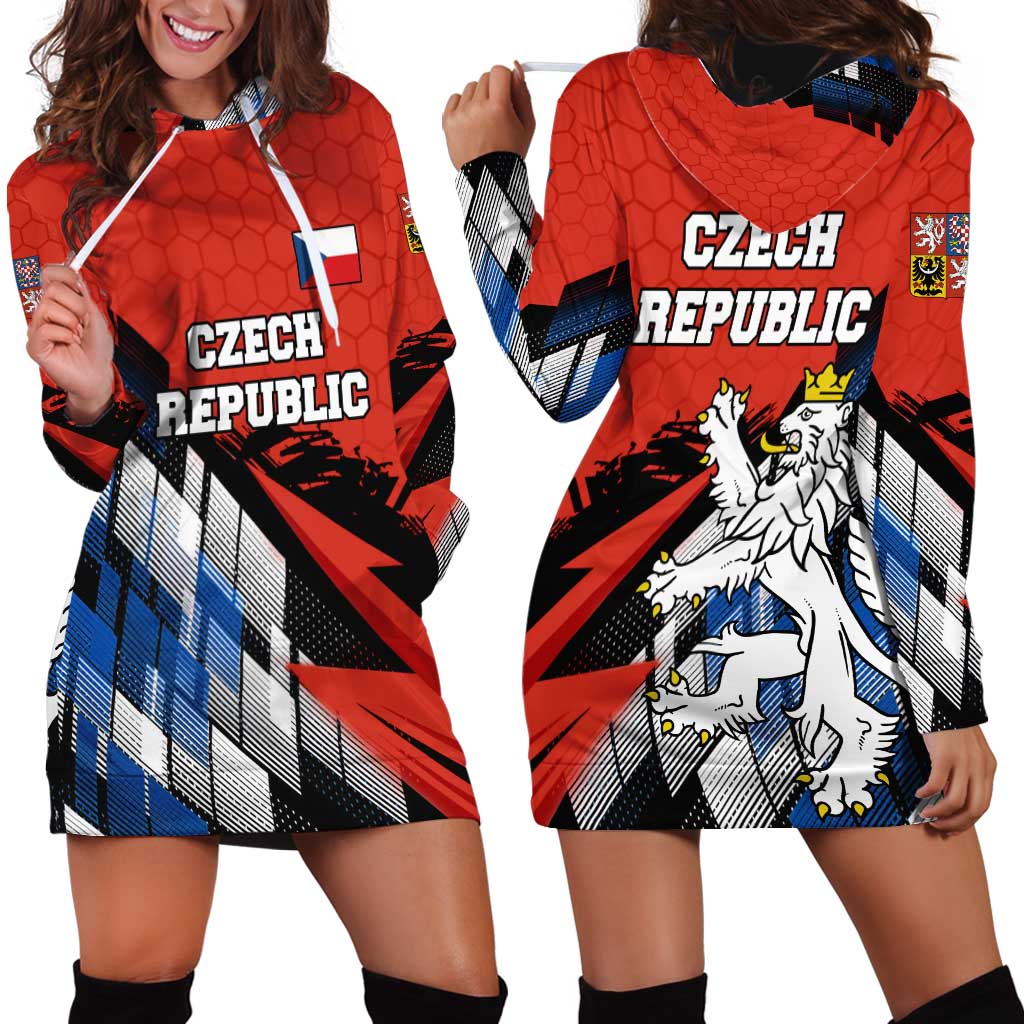 Czech Republic Hoodie Dress with Red Black Blue Brushstroke Design and National Lion - Wonder Print Shop
