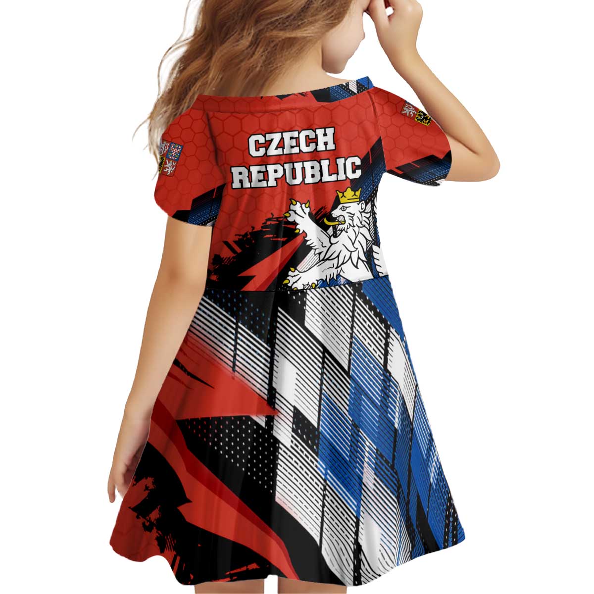 Czech Republic Kid Short Sleeve Dress with Red Black Blue Brushstroke Design and National Lion - Wonder Print Shop