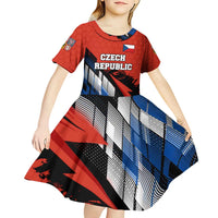 Czech Republic Kid Short Sleeve Dress with Red Black Blue Brushstroke Design and National Lion - Wonder Print Shop