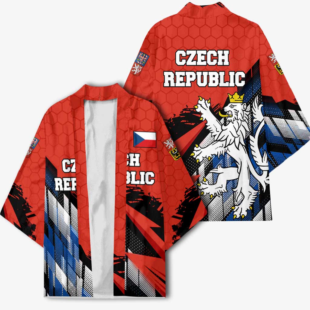 Czech Republic Kimono with Red Black Blue Brushstroke Design and National Lion - Wonder Print Shop