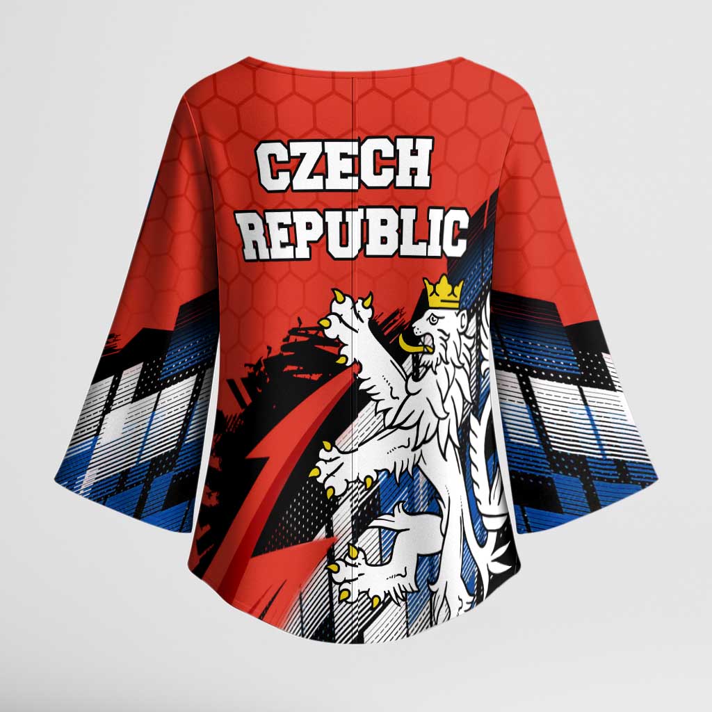 Czech Republic Kimono Sleeve Blouse with Red Black Blue Brushstroke Design and National Lion - Wonder Print Shop