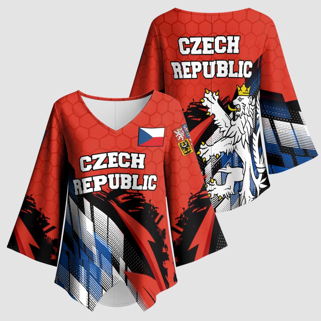Czech Republic Kimono Sleeve Blouse with Red Black Blue Brushstroke Design and National Lion - Wonder Print Shop