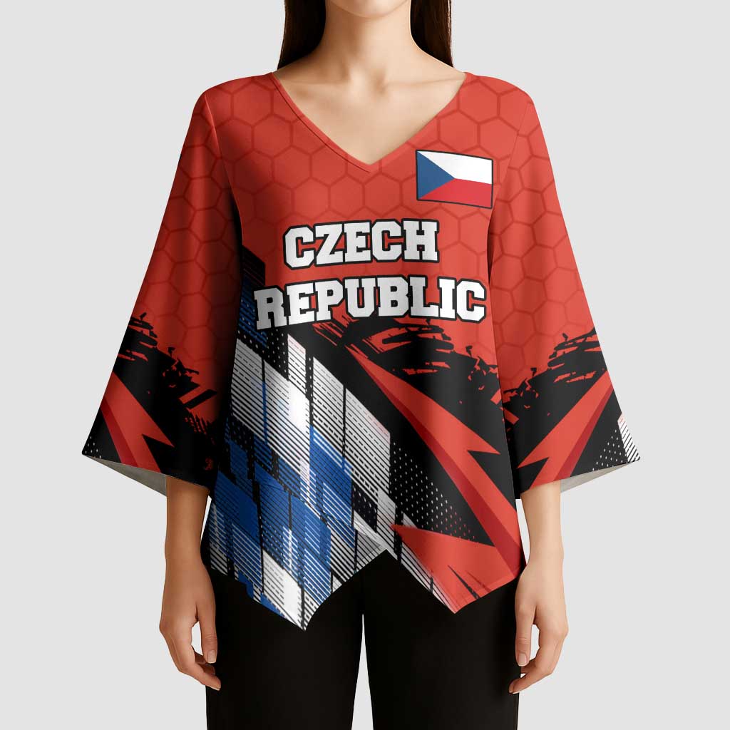 Czech Republic Kimono Sleeve Blouse with Red Black Blue Brushstroke Design and National Lion - Wonder Print Shop
