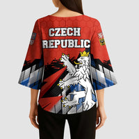 Czech Republic Kimono Sleeve Blouse with Red Black Blue Brushstroke Design and National Lion - Wonder Print Shop