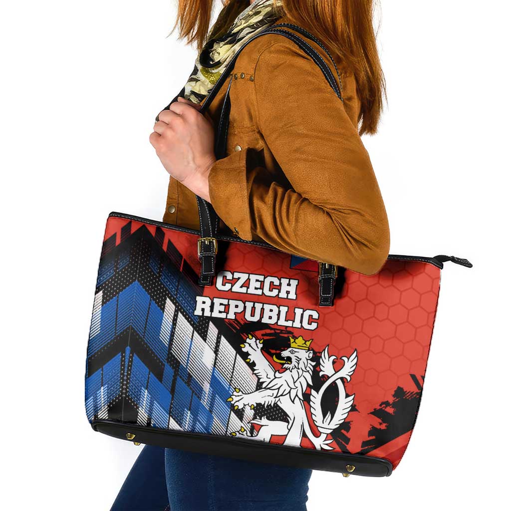Czech Republic Leather Tote Bag with Red Black Blue Brushstroke Design and National Lion - Wonder Print Shop