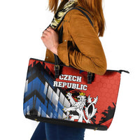 Czech Republic Leather Tote Bag with Red Black Blue Brushstroke Design and National Lion - Wonder Print Shop