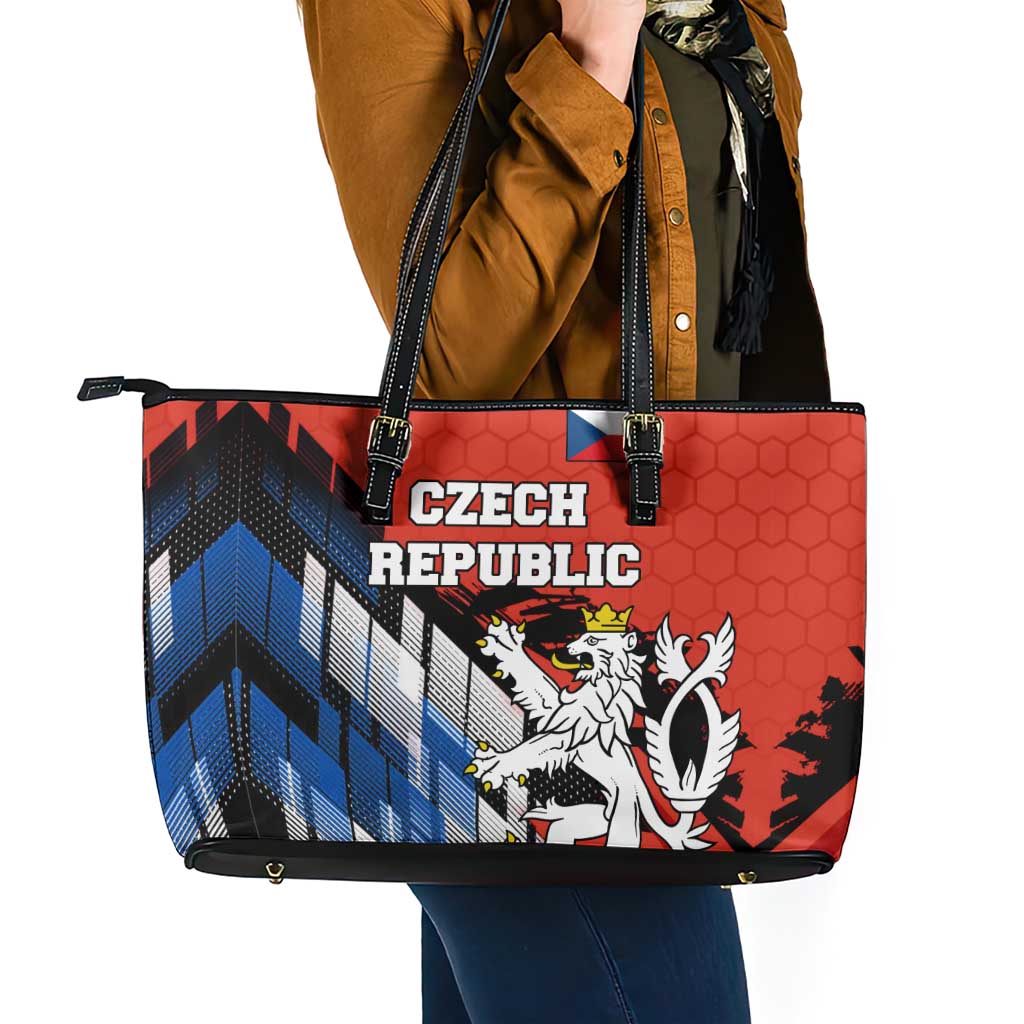 Czech Republic Leather Tote Bag with Red Black Blue Brushstroke Design and National Lion - Wonder Print Shop