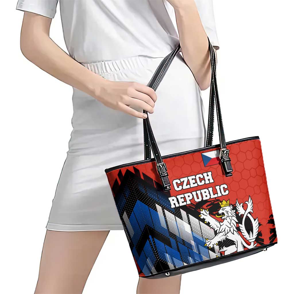 Czech Republic Leather Tote Bag with Red Black Blue Brushstroke Design and National Lion - Wonder Print Shop