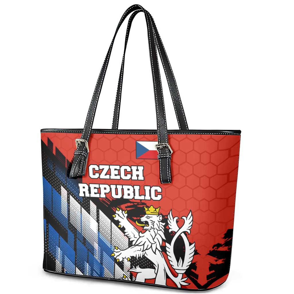 Czech Republic Leather Tote Bag with Red Black Blue Brushstroke Design and National Lion - Wonder Print Shop