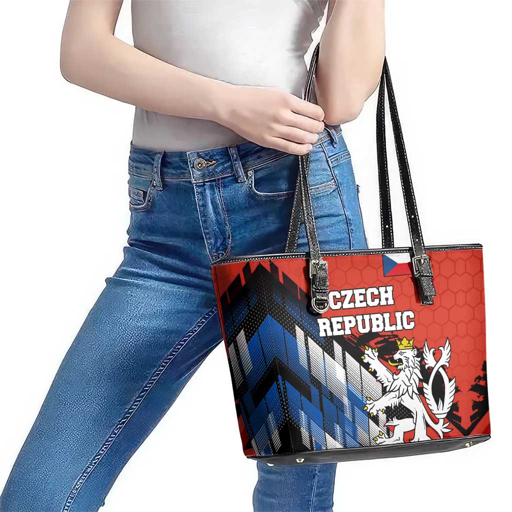 Czech Republic Leather Tote Bag with Red Black Blue Brushstroke Design and National Lion - Wonder Print Shop