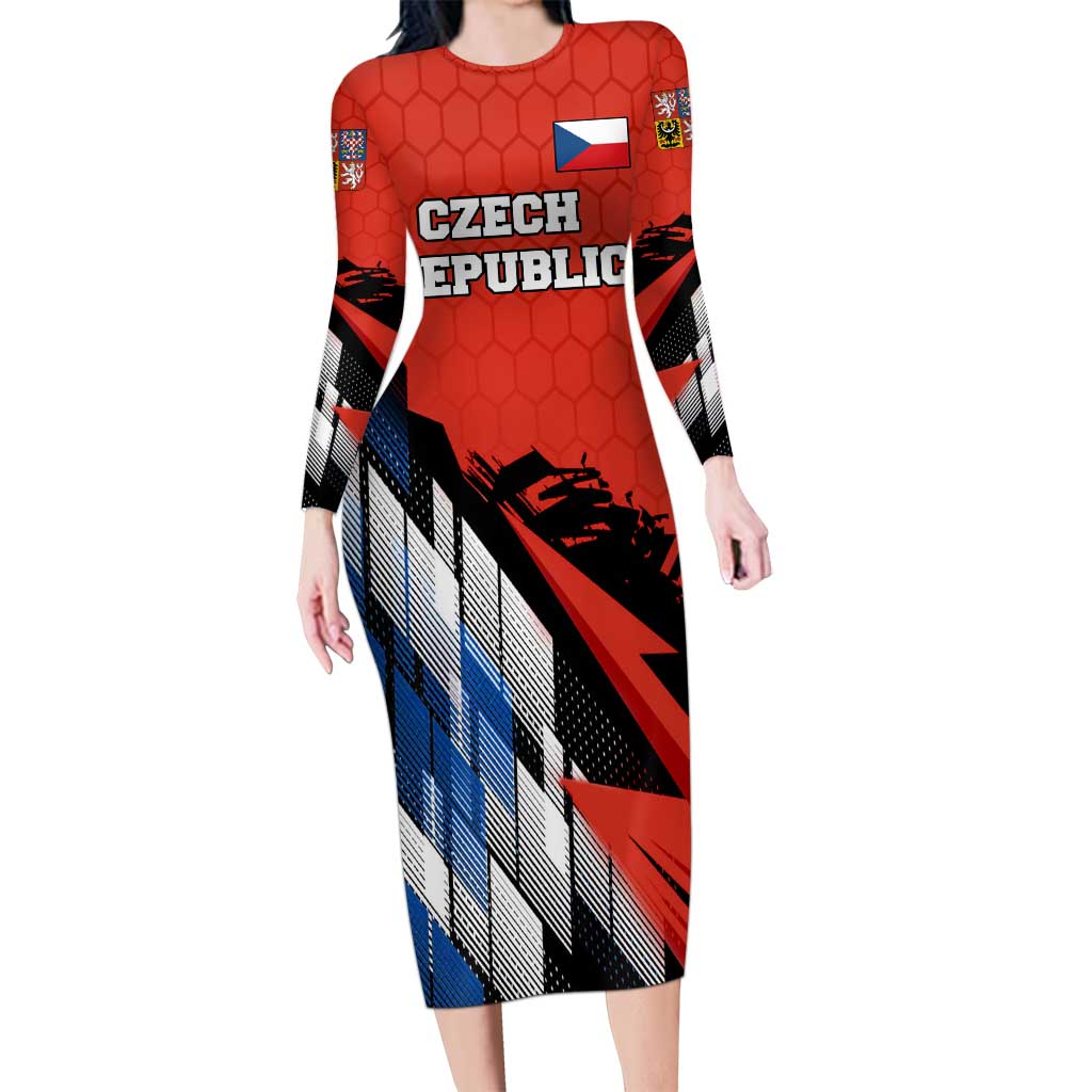 Czech Republic Long Sleeve Bodycon Dress with Red Black Blue Brushstroke Design and National Lion - Wonder Print Shop