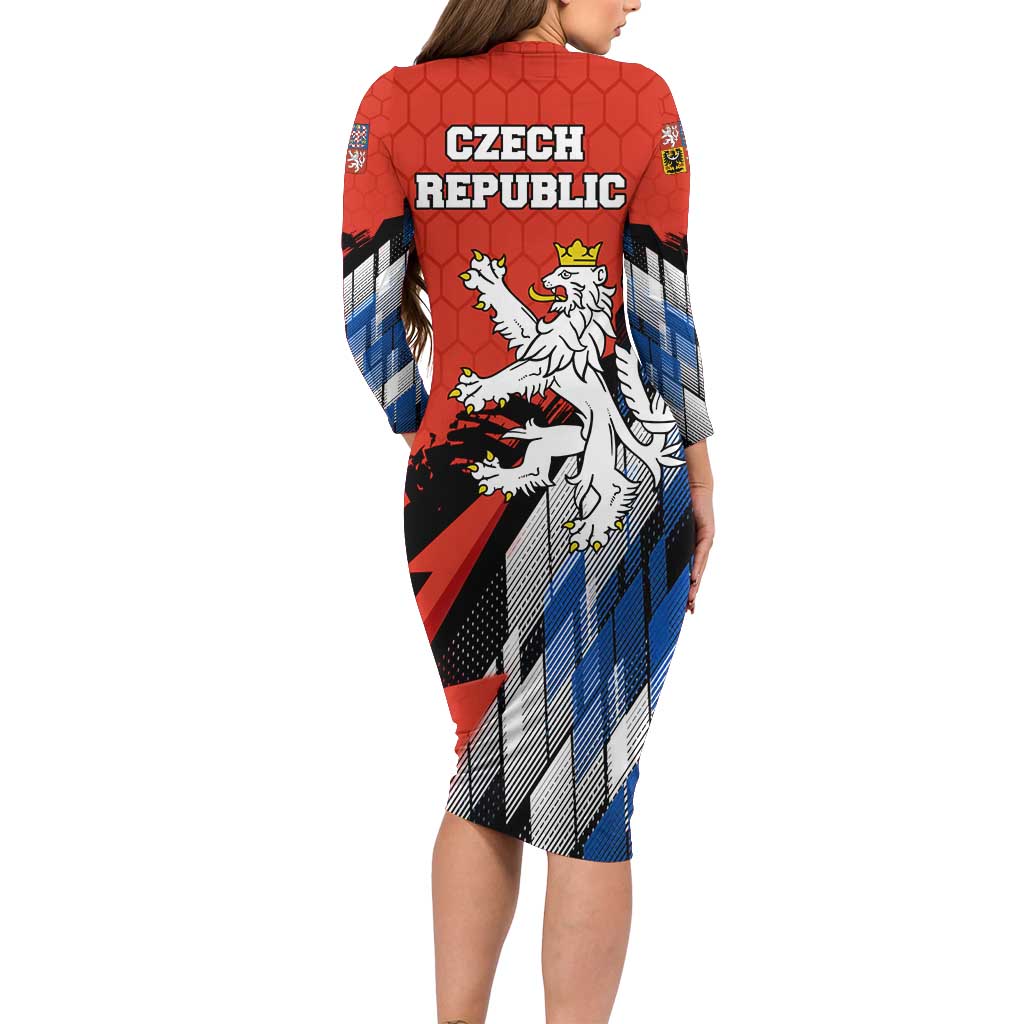 Czech Republic Long Sleeve Bodycon Dress with Red Black Blue Brushstroke Design and National Lion - Wonder Print Shop