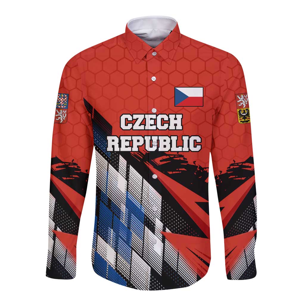 Czech Republic Long Sleeve Button Shirt with Red Black Blue Brushstroke Design and National Lion - Wonder Print Shop