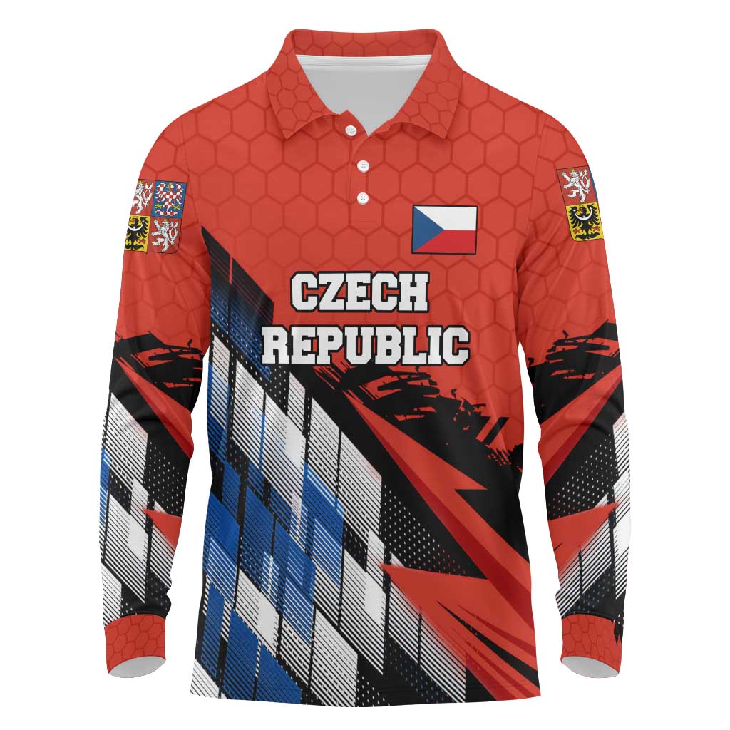 Czech Republic Long Sleeve Polo Shirt with Red Black Blue Brushstroke Design and National Lion - Wonder Print Shop