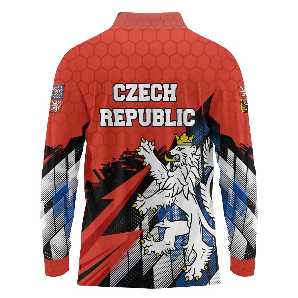 Czech Republic Long Sleeve Polo Shirt with Red Black Blue Brushstroke Design and National Lion - Wonder Print Shop