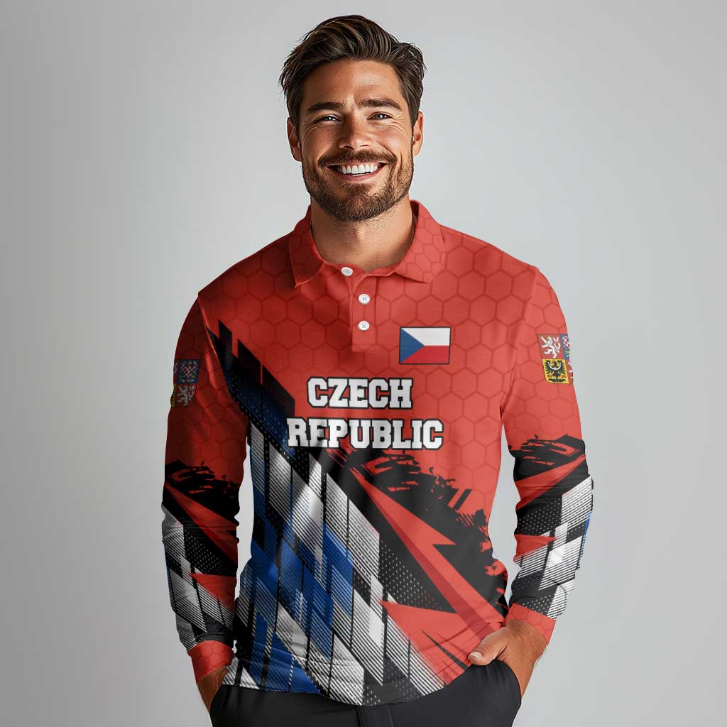 Czech Republic Long Sleeve Polo Shirt with Red Black Blue Brushstroke Design and National Lion - Wonder Print Shop