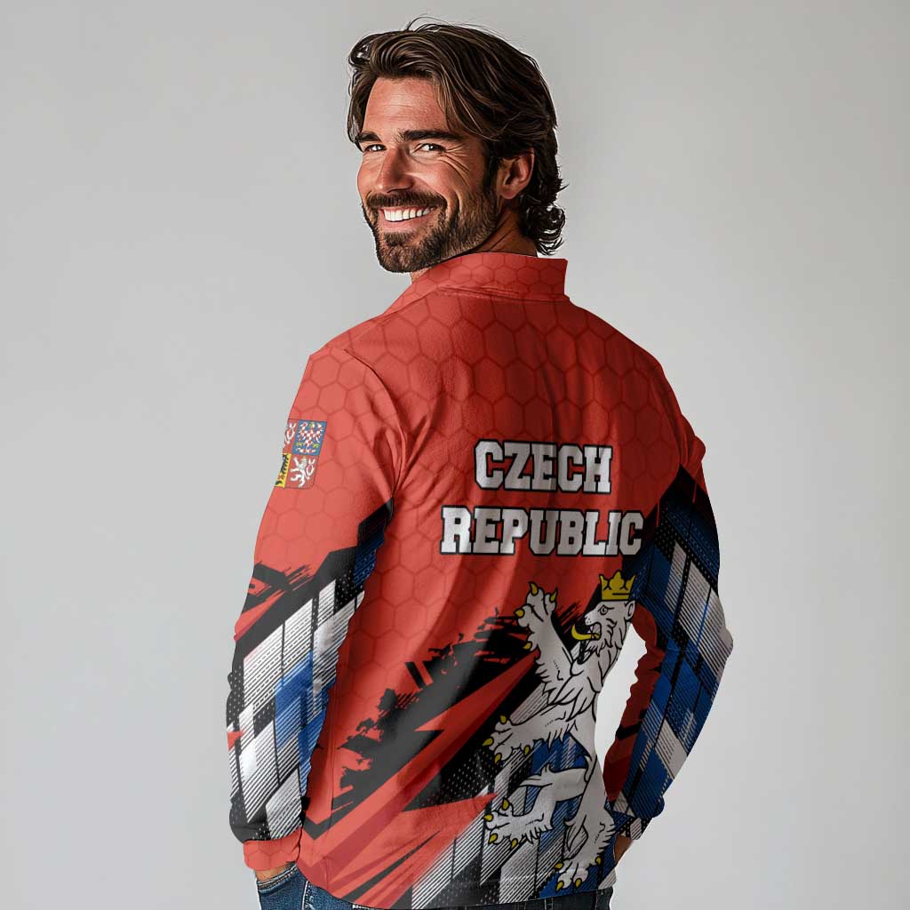 Czech Republic Long Sleeve Polo Shirt with Red Black Blue Brushstroke Design and National Lion - Wonder Print Shop
