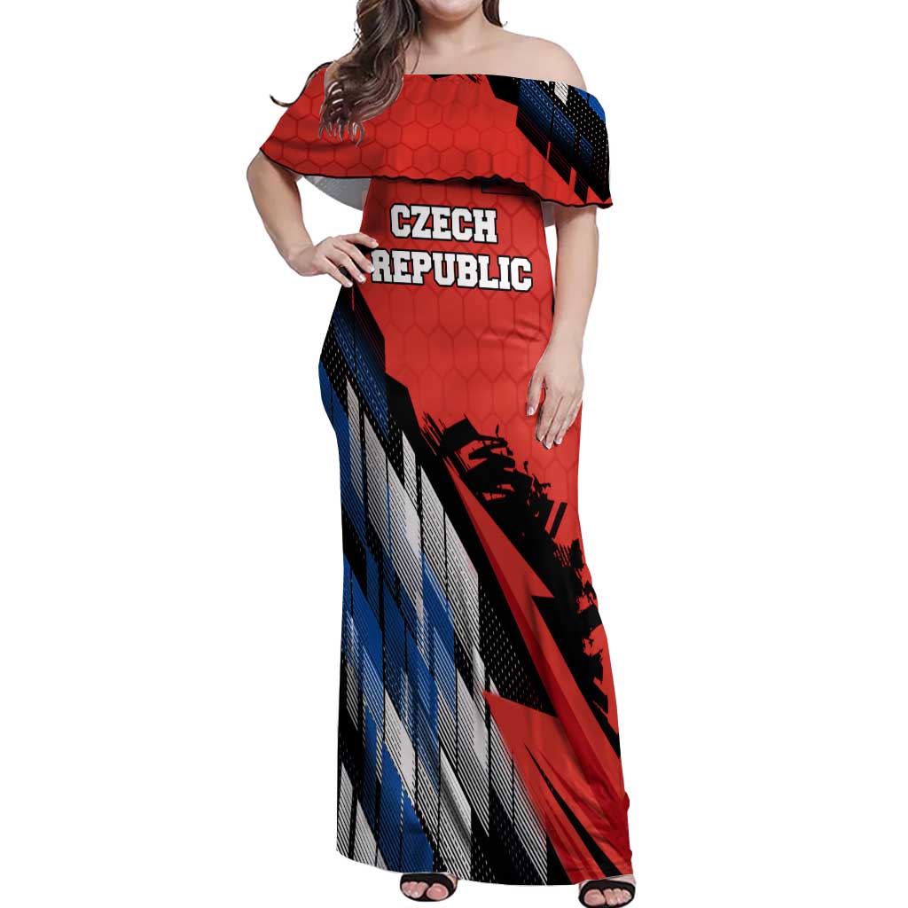 Czech Republic Off Shoulder Maxi Dress with Red Black Blue Brushstroke Design and National Lion - Wonder Print Shop