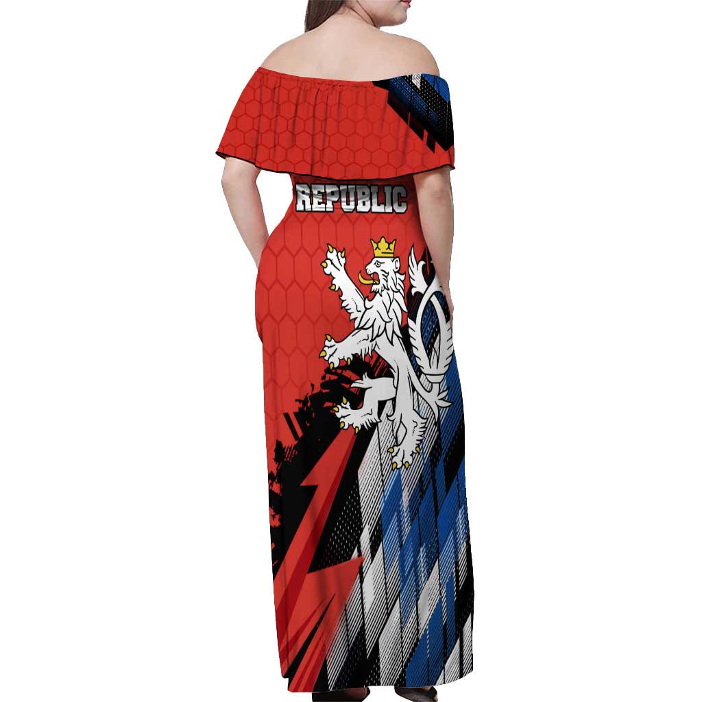 Czech Republic Off Shoulder Maxi Dress with Red Black Blue Brushstroke Design and National Lion - Wonder Print Shop