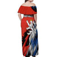 Czech Republic Off Shoulder Maxi Dress with Red Black Blue Brushstroke Design and National Lion - Wonder Print Shop