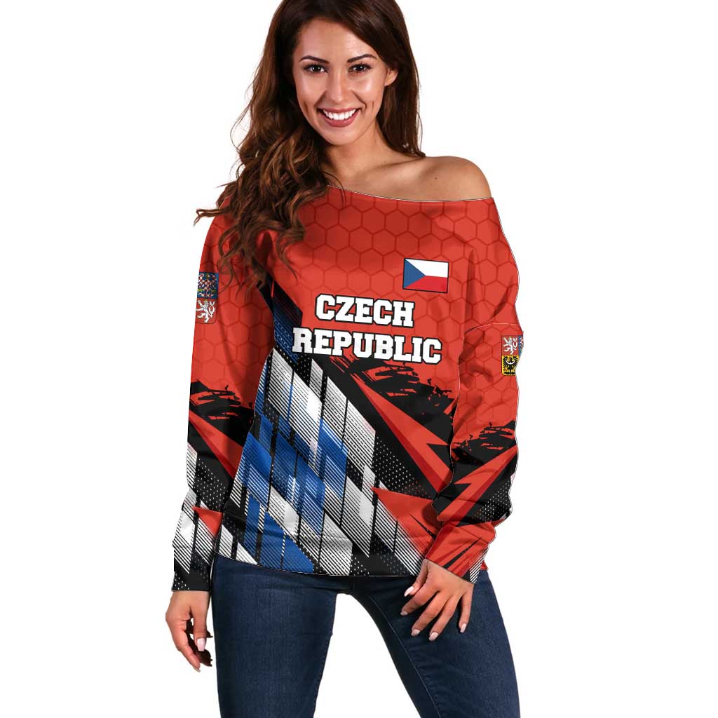 Czech Republic Off Shoulder Sweater with Red Black Blue Brushstroke Design and National Lion - Wonder Print Shop
