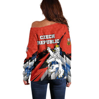Czech Republic Off Shoulder Sweater with Red Black Blue Brushstroke Design and National Lion - Wonder Print Shop