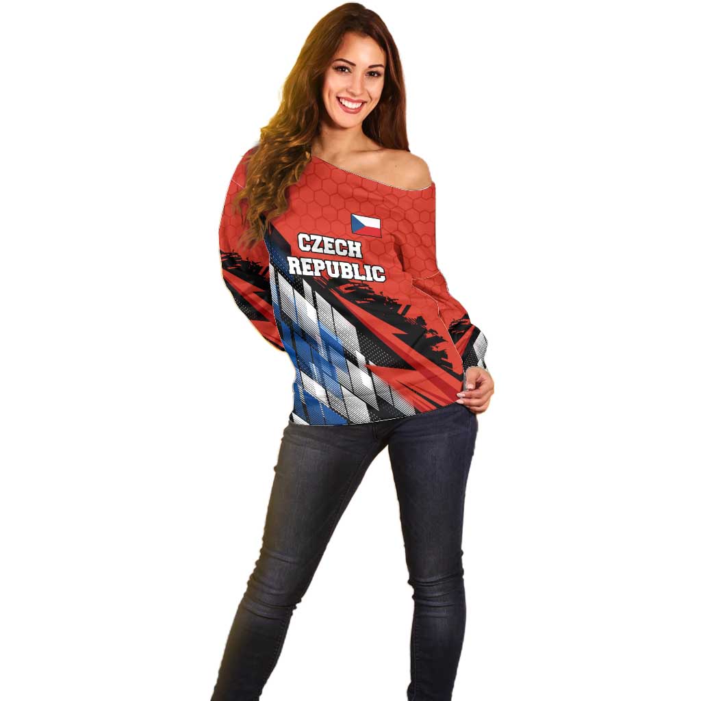 Czech Republic Off Shoulder Sweater with Red Black Blue Brushstroke Design and National Lion - Wonder Print Shop