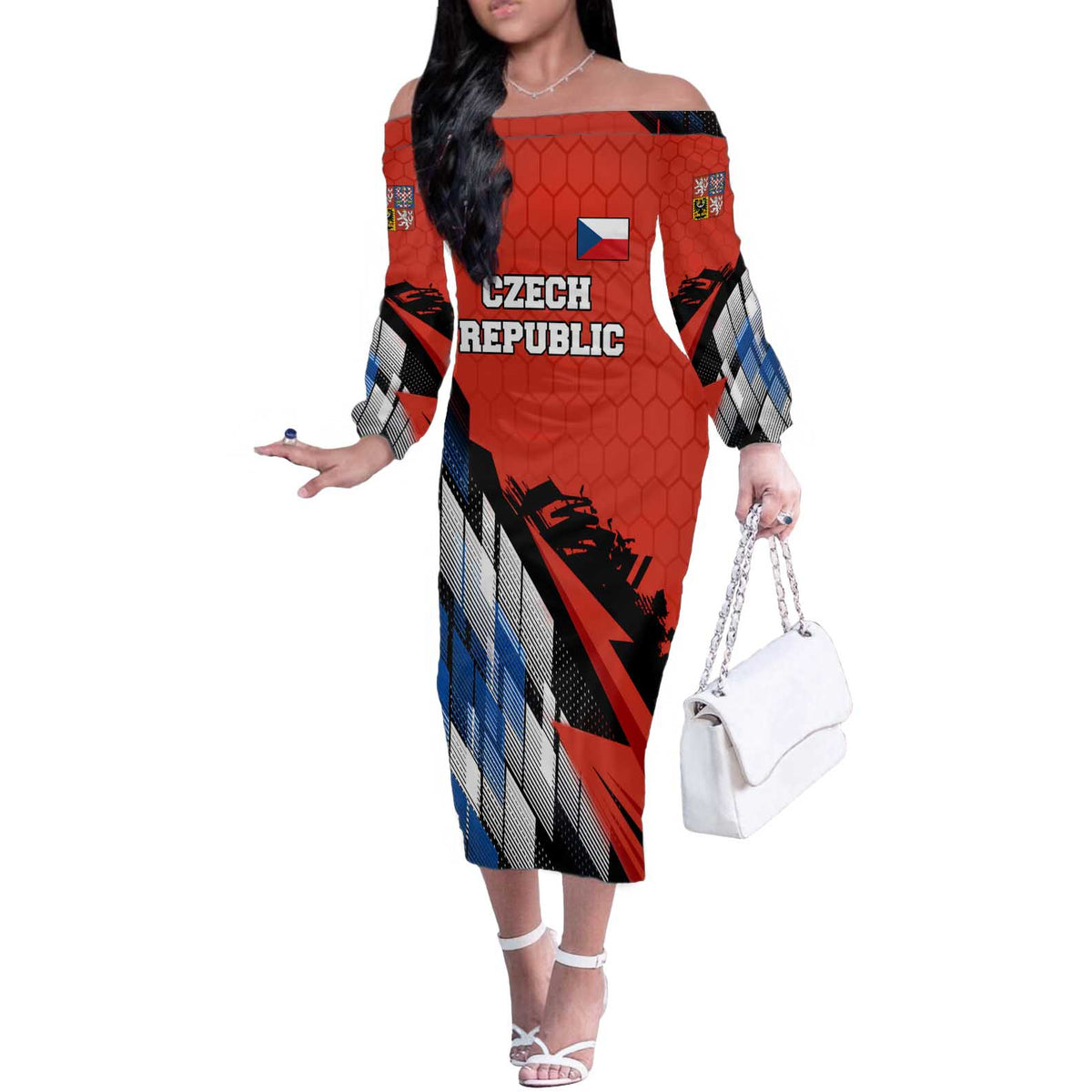 Czech Republic Off The Shoulder Long Sleeve Dress with Red Black Blue Brushstroke Design and National Lion - Wonder Print Shop