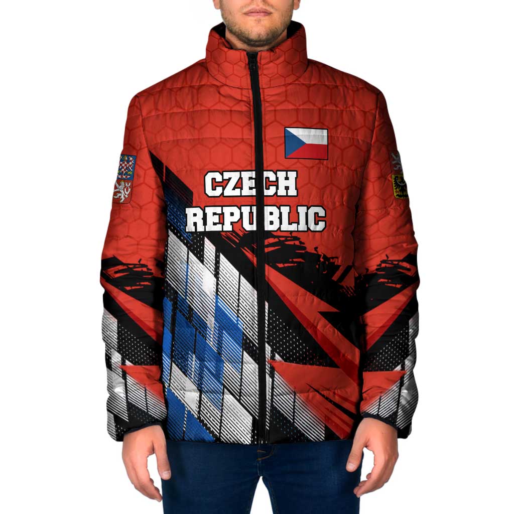 Czech Republic Padded Jacket with Red Black Blue Brushstroke Design and National Lion - Wonder Print Shop