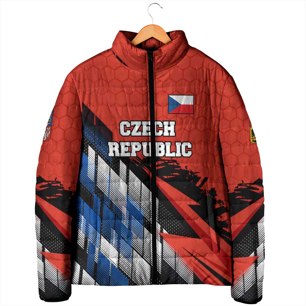 Czech Republic Padded Jacket with Red Black Blue Brushstroke Design and National Lion - Wonder Print Shop