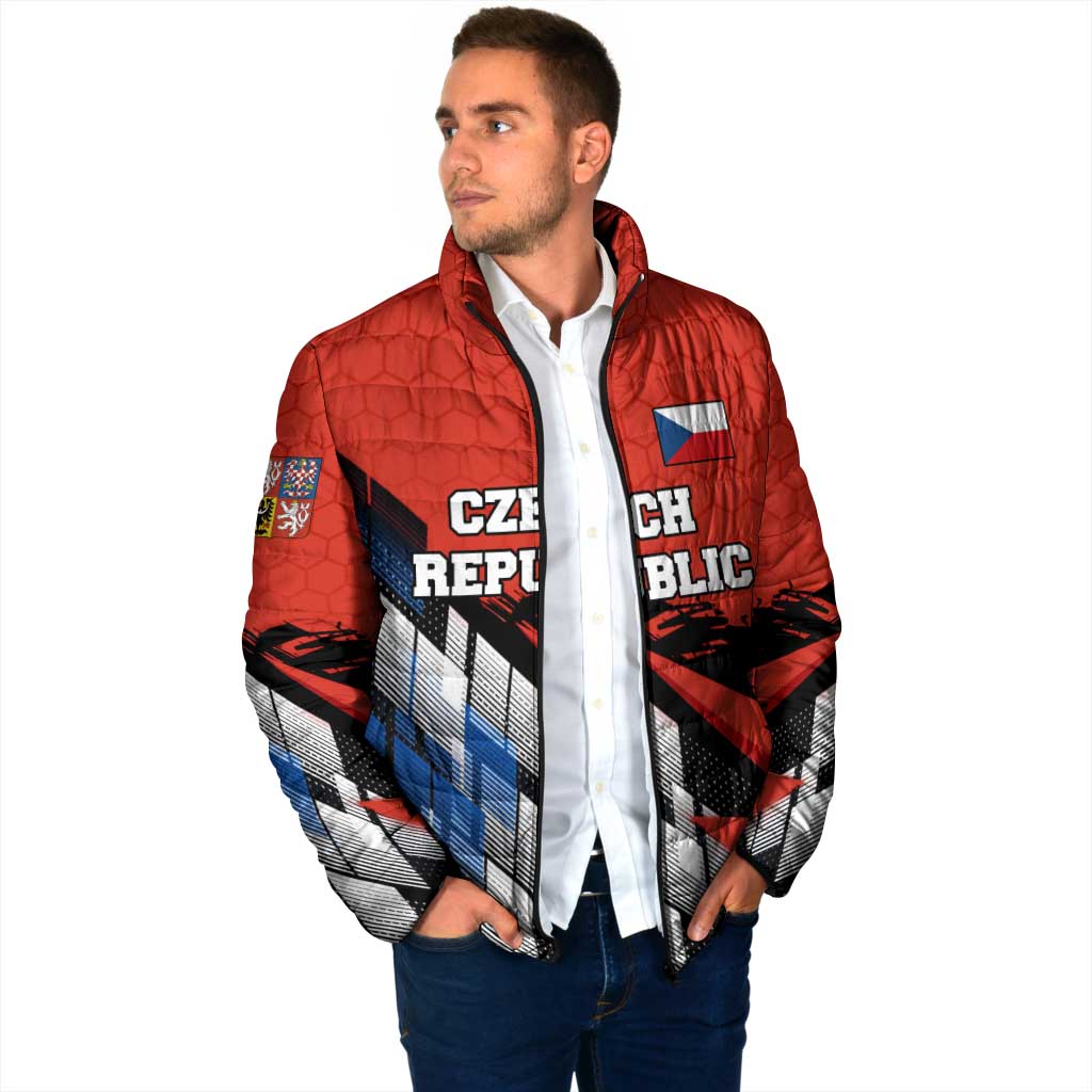 Czech Republic Padded Jacket with Red Black Blue Brushstroke Design and National Lion - Wonder Print Shop
