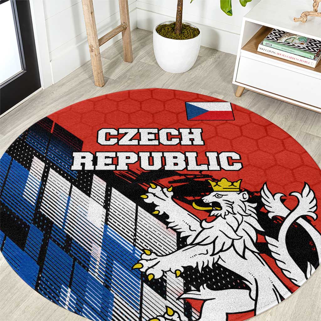 Czech Republic Round Carpet with Red Black Blue Brushstroke Design and National Lion - Wonder Print Shop