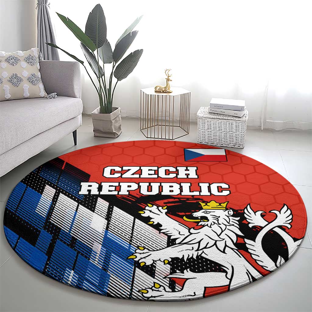 Czech Republic Round Carpet with Red Black Blue Brushstroke Design and National Lion - Wonder Print Shop