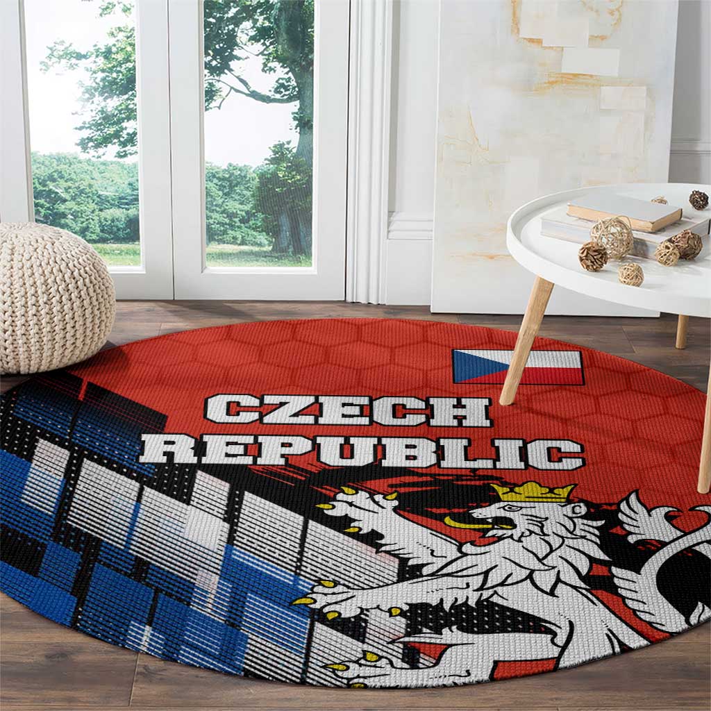 Czech Republic Round Carpet with Red Black Blue Brushstroke Design and National Lion - Wonder Print Shop