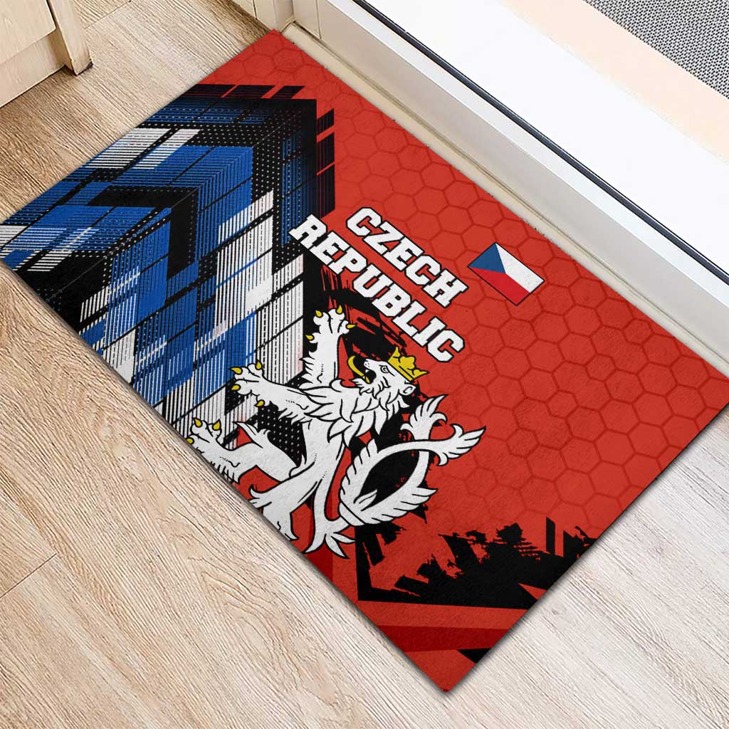Czech Republic Rubber Doormat with Red Black Blue Brushstroke Design and National Lion - Wonder Print Shop