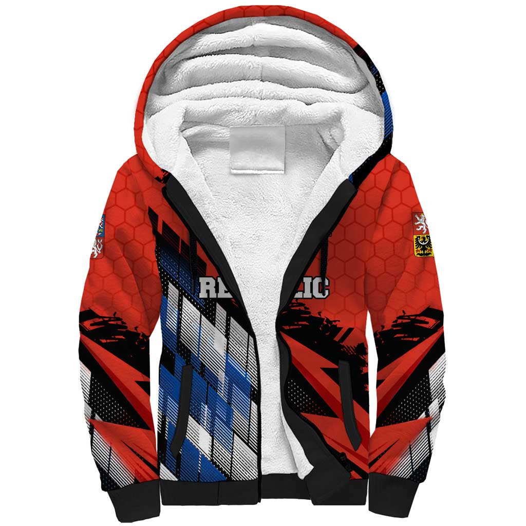 Czech Republic Sherpa Hoodie with Red Black Blue Brushstroke Design and National Lion - Wonder Print Shop