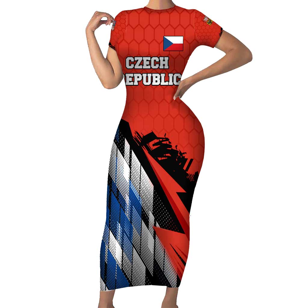 Czech Republic Short Sleeve Bodycon Dress with Red Black Blue Brushstroke Design and National Lion - Wonder Print Shop