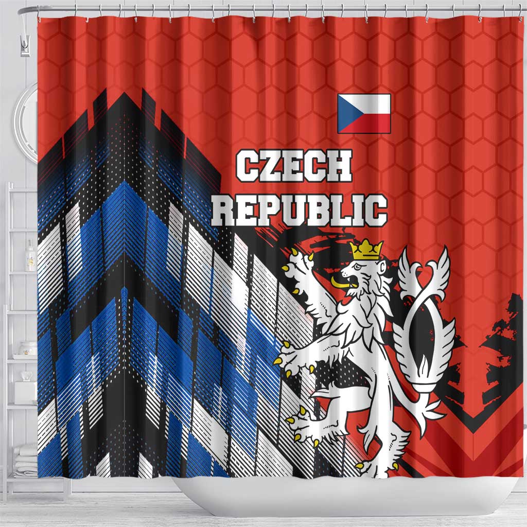 Czech Republic Shower Curtain with Red Black Blue Brushstroke Design and National Lion - Wonder Print Shop