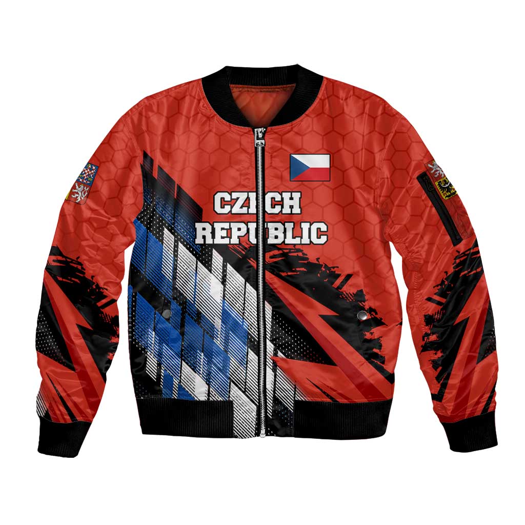 Czech Republic Sleeve Zip Bomber Jacket with Red Black Blue Brushstroke Design and National Lion - Wonder Print Shop