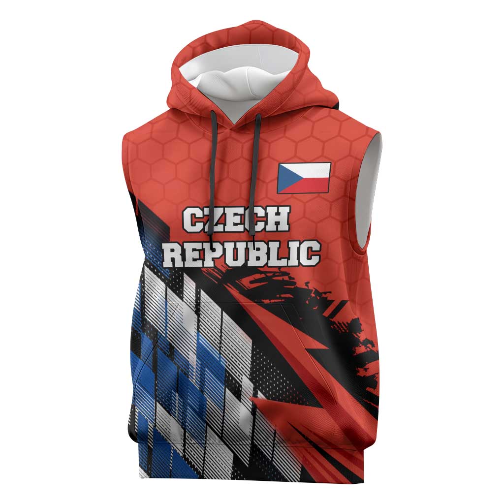 Czech Republic Sleeveless Hoodie with Red Black Blue Brushstroke Design and National Lion - Wonder Print Shop