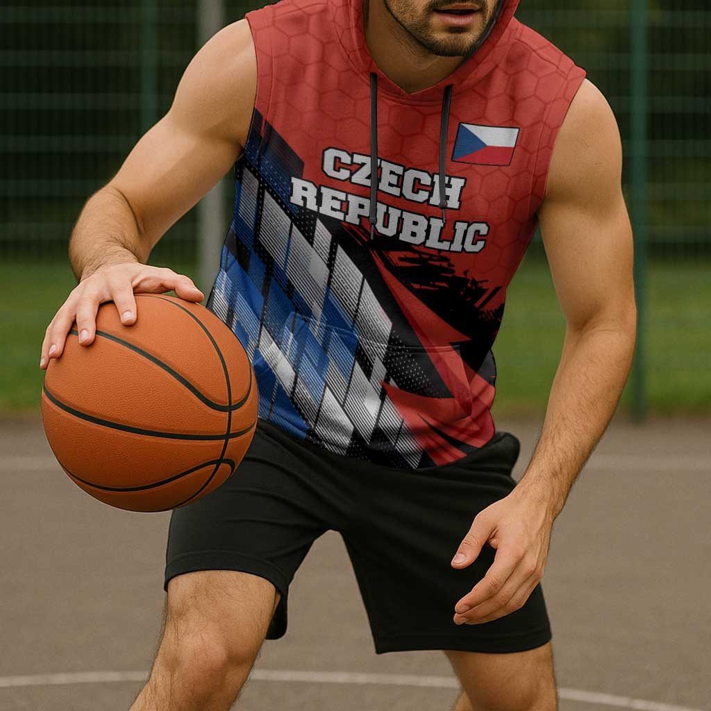 Czech Republic Sleeveless Hoodie with Red Black Blue Brushstroke Design and National Lion - Wonder Print Shop