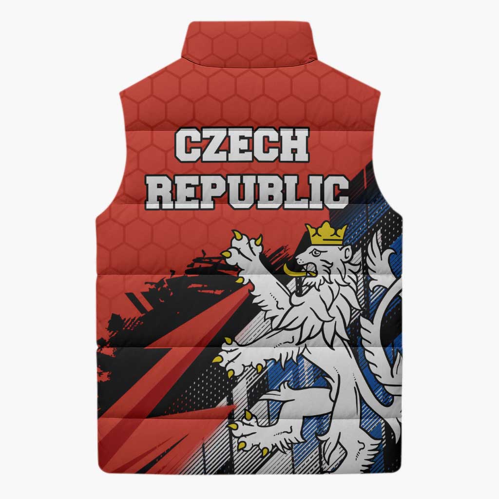 Czech Republic Sleeveless Puffer Jacket with Red Black Blue Brushstroke Design and National Lion - Wonder Print Shop