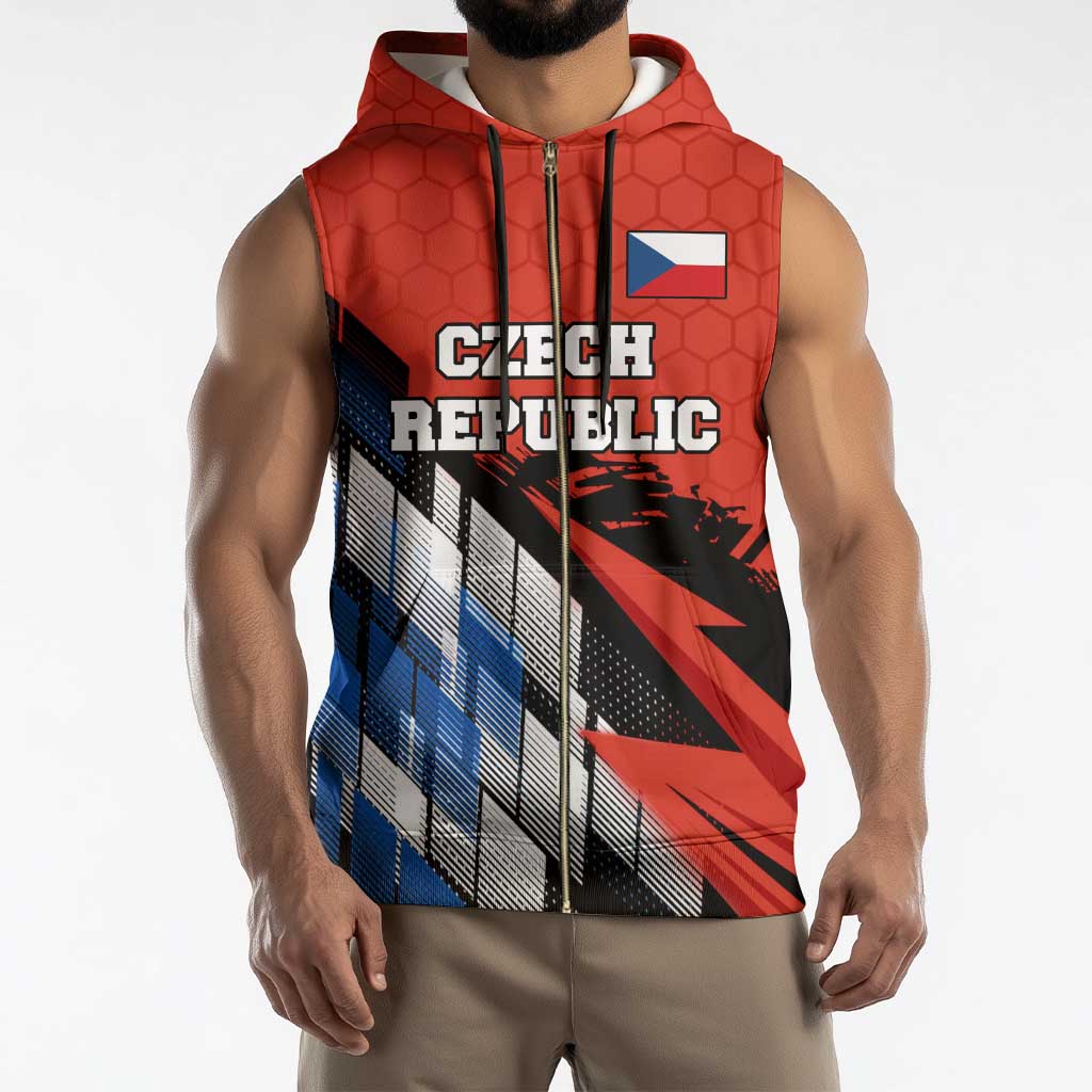 Czech Republic Sleeveless Zip Hoodie with Red Black Blue Brushstroke Design and National Lion - Wonder Print Shop