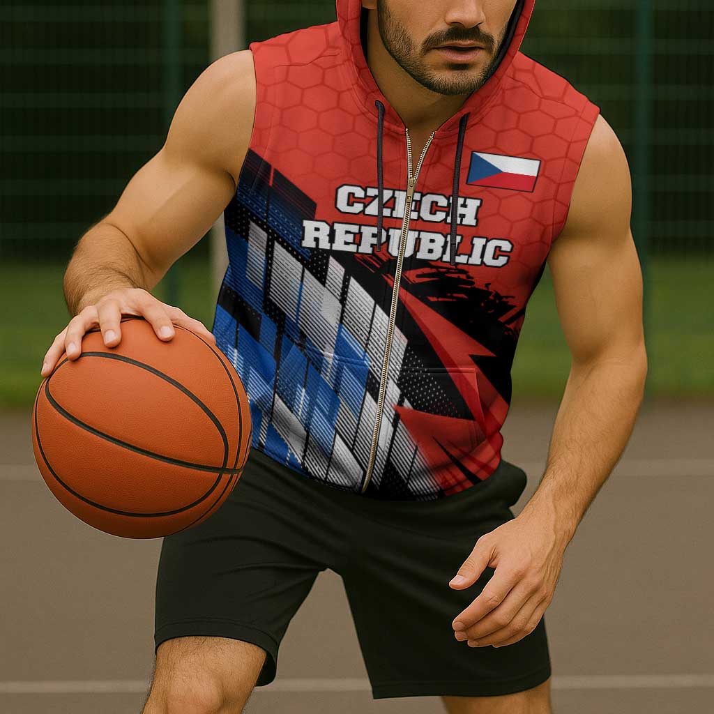Czech Republic Sleeveless Zip Hoodie with Red Black Blue Brushstroke Design and National Lion - Wonder Print Shop
