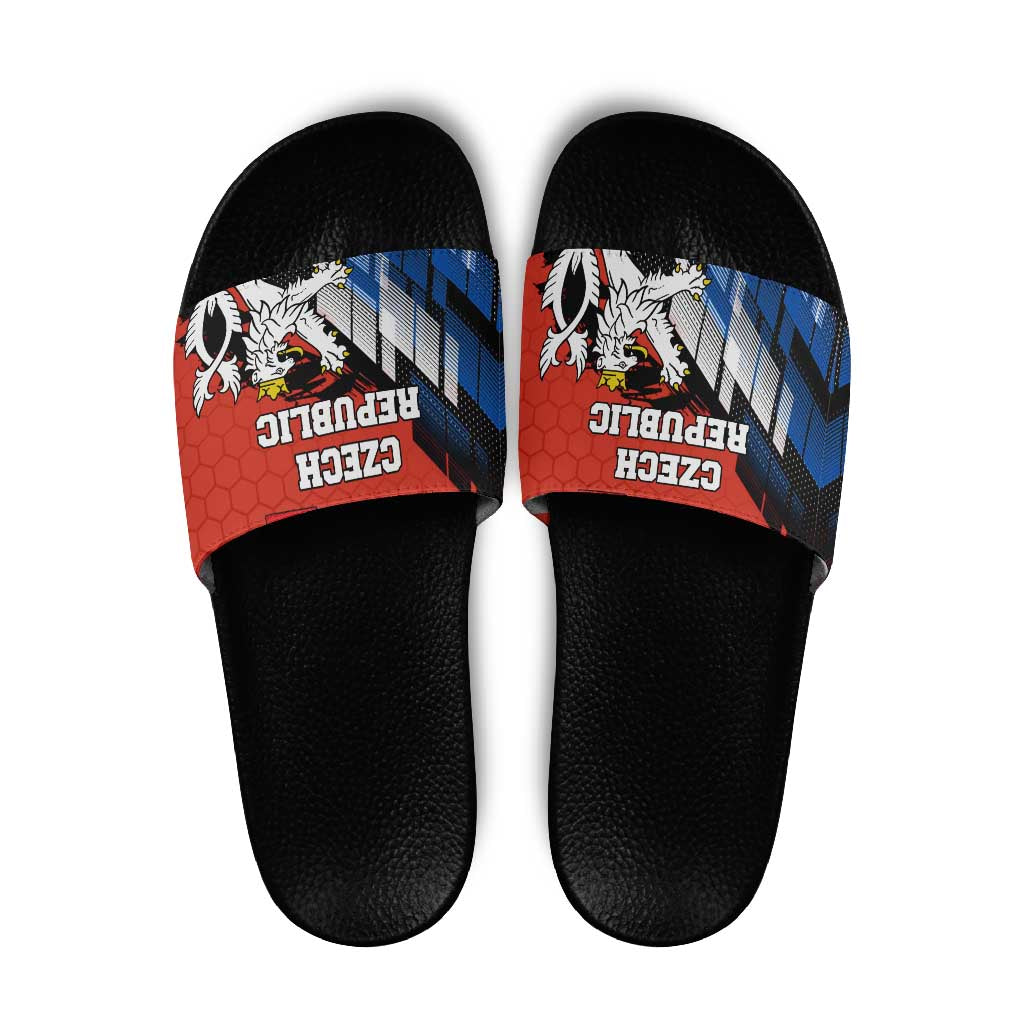 Czech Republic Slide Sandals with Red Black Blue Brushstroke Design and National Lion - Wonder Print Shop