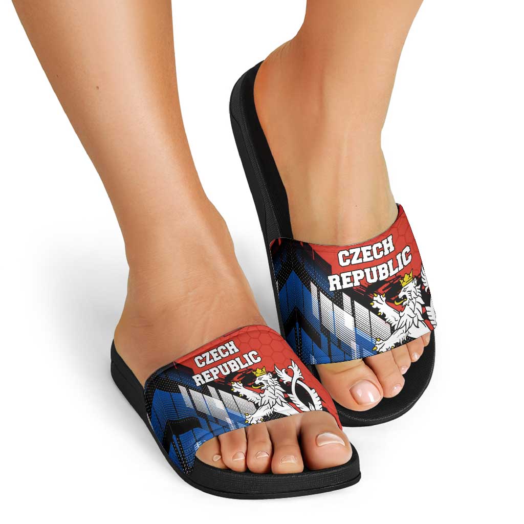 Czech Republic Slide Sandals with Red Black Blue Brushstroke Design and National Lion - Wonder Print Shop