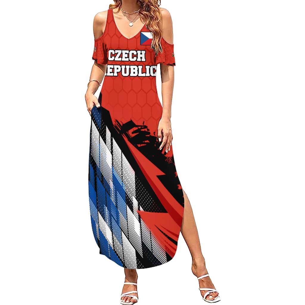 Czech Republic Summer Maxi Dress with Red Black Blue Brushstroke Design and National Lion - Wonder Print Shop
