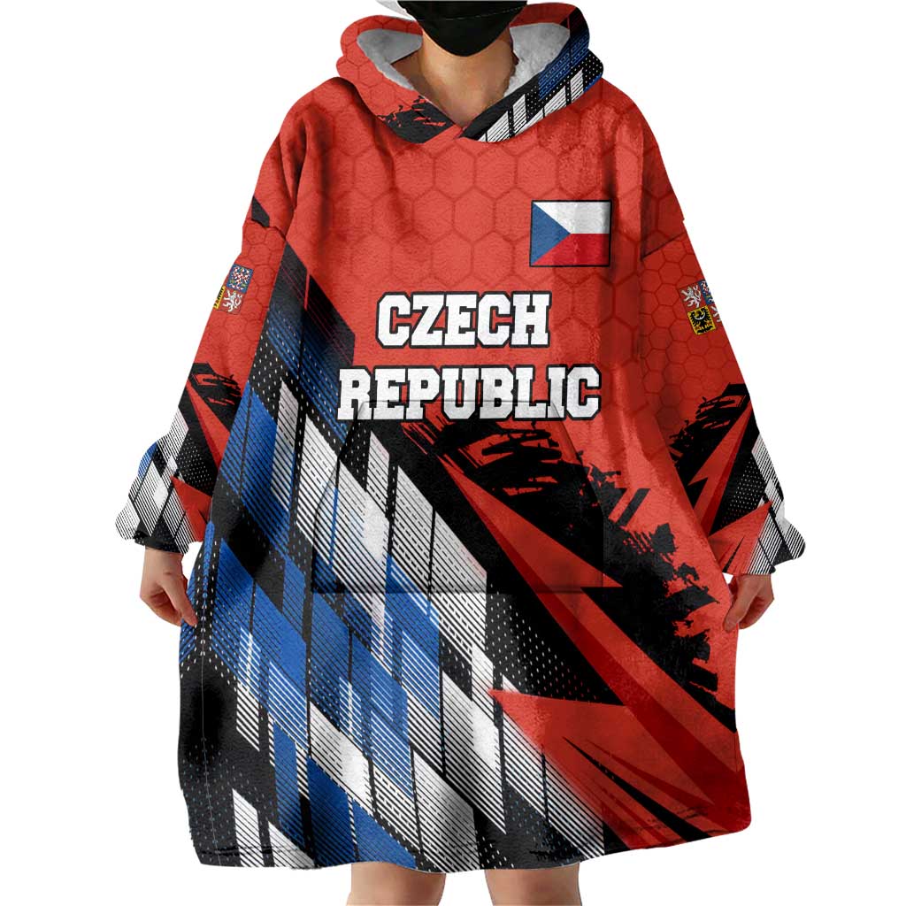 Czech Republic Wearable Blanket Hoodie with Red Black Blue Brushstroke Design and National Lion - Wonder Print Shop