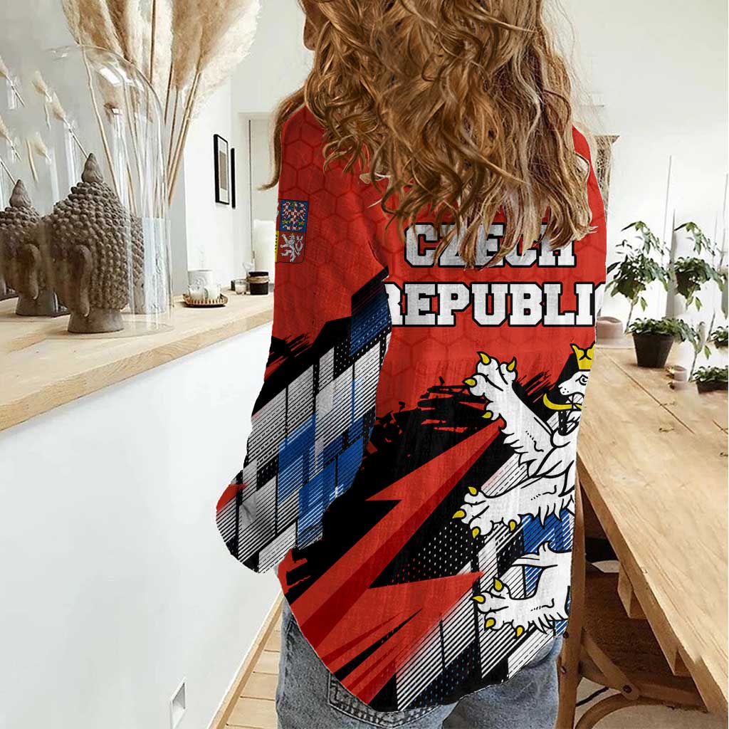 Czech Republic Women Casual Shirt with Red Black Blue Brushstroke Design and National Lion - Wonder Print Shop
